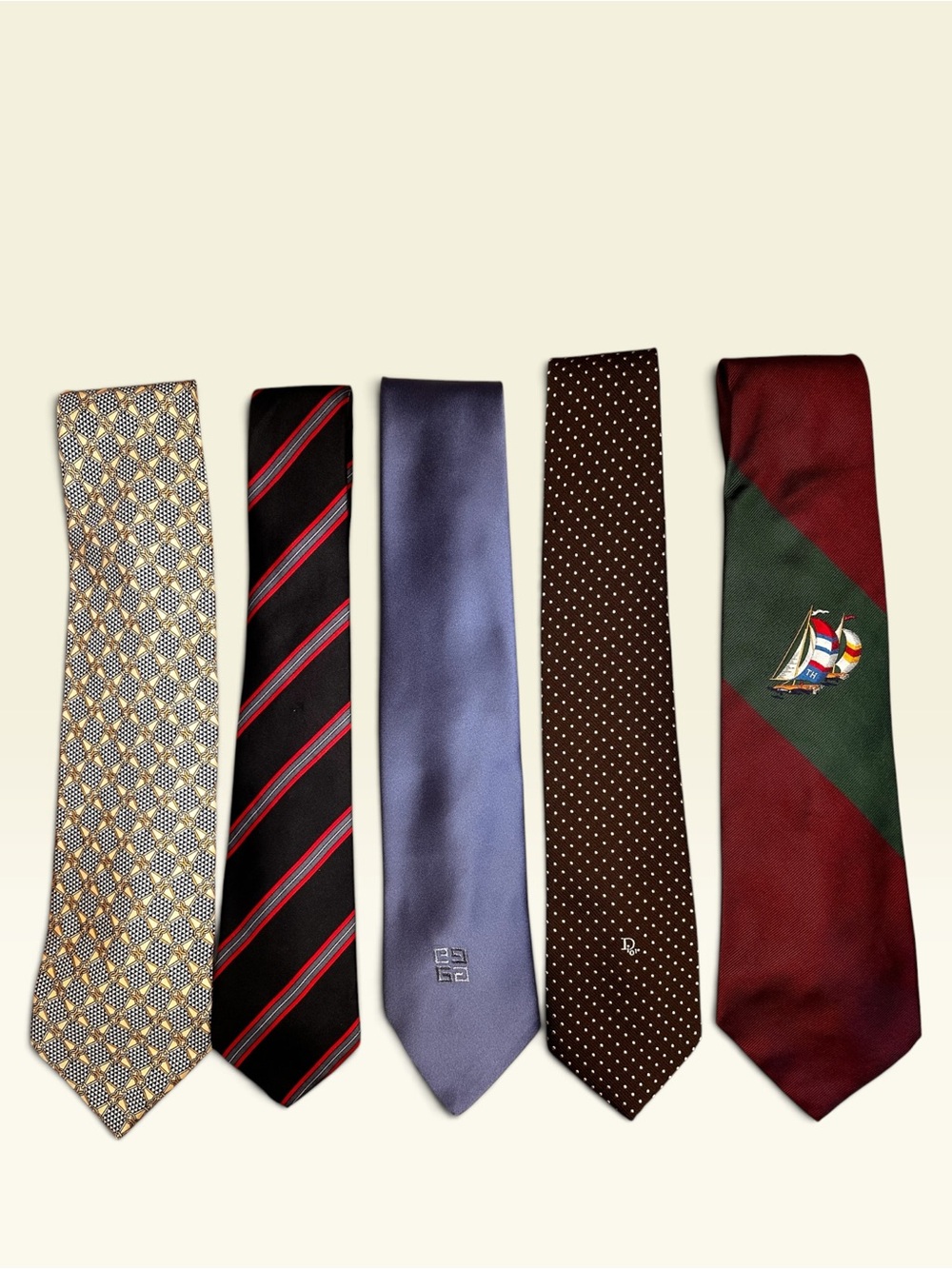 LOT OF 5 DESIGNER VINTAGE Silk /Poly Ties Gucci Dior Givenchy Valentino Tommy